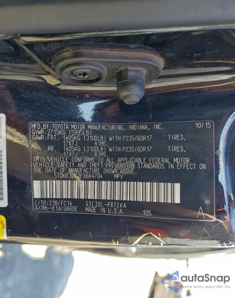 2015 Toyota Sienna Le z USA, uszkodzony, nr VIN 5TDKK3DC2FS664704